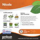 Promotional image for Nicola seed potatoes by Jamieson Brothers. Perfect for boiling, salad, baking, roasting, chipping, mashing. Features green and orange design with illustrations of cooking methods. Noted for good boiling qualities and disease resistance. Suggested planting in March-April and harvesting June-July. Labeled as premium Scottish seed potatoes certified by a quality scheme.