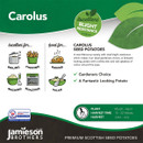 Carolus Seed Potatoes promotional poster. Highlights include excellent blight resistance, suitability for boiling, chipping, mashing, roasting, baking, and salad. Recommended as a gardener's choice with a beautiful appearance. Planting time is March to April, with harvest from June to July. Jamieson Brothers branding at the bottom.