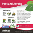 Pentland Javelin seed potatoes flyer by Jamieson Brothers. Describes the potatoes as excellent for boiling, salads, and baking, and good for chipping, roasting, and mashing. Highlights include great salad potato, disease resistance, and heavy crops. Plant March-April, harvest in 10-12 weeks. Safe Haven Scheme certified.
