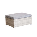 Wicker ottoman with a grey cushioned top, shown on a white background. It has a rectangular shape, conveying a modern and minimalist style.