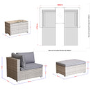 Rattan furniture set with a chair, ottoman, and table, each with measurements. The layout suggests simple outdoor seating design in neutral tones.