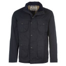 Dark blue jacket with a high collar, featuring four front pockets and button closures. The fabric appears durable, conveying a classic, rugged style.
