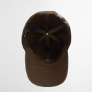 Brown baseball cap viewed from inside, showing plaid lining and a metal button on top. The cap's label is visible, with a minimalist design.