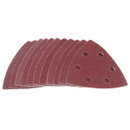 A stack of maroon triangular sanding sheets with six holes each, fanned out on a white background. They indicate readiness for sanding tasks.