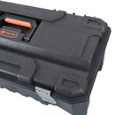 Black plastic toolbox with an orange handle and logo, featuring a ruler etched on top. It has a rugged design and metal latch, conveying durability.