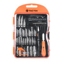 A Tactix craft knife set with various precision blades neatly arranged in an orange plastic case. Includes handles and a measuring tool, conveying precision and utility.
