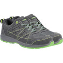 A pair of low-cut grey and lime green athletic-style work shoes with mesh panels, suede overlays, and matching green laces, shown at a three-quarter front angle. A pair of low-cut grey and lime green athletic-style work shoes with mesh panels, suede overlays, and matching green laces, shown at a three-quarter front angle.