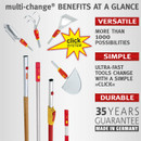 WOLF-Garten multi-change Click System infographic showing interchangeable garden tool attachments, simple tool changes and a 35-year guarantee.