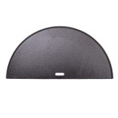 A black cast iron half-moon griddle with a smooth surface and a small slot for hanging, ideal for cooking or baking.
