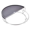 Half-moon grill grate made of black non-stick material, supported by a stainless steel frame, ideal for barbecuing.