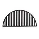 A black cast iron half-moon grill grate featuring vertical slits for even heat distribution while cooking.