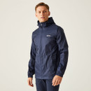 Man wearing a navy blue rain jacket with a hood, standing against a plain backdrop. The jacket features a subtle logo on the chest.