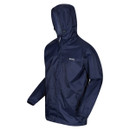 Navy blue rain jacket with a hood, front zipper, and long sleeves. The jacket is displayed against a white background, conveying a practical, sleek design.