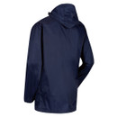 Alt text: Navy blue waterproof jacket with a hood, shown from the back. The material appears smooth, indicating a sleek and minimalist design.