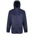Navy blue waterproof jacket with hood and zipper, featuring the Regatta logo on the chest. The material appears sleek and lightweight.
