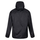 Black hooded jacket shown from the back, featuring a sleek, smooth fabric and long sleeves. The tone is practical and minimalist.