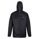 Black waterproof jacket with a hood, featuring a front zipper and a small logo on the chest. The design is simple and functional.