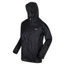 A black rain jacket with a hood, displayed on a white background. The jacket has long sleeves and a front zip, conveying a sleek, functional design.