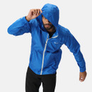 Man wearing a bright blue hooded jacket with a white zipper, adjusting the hood with one hand. He appears energetic against a plain white background.