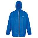 Blue waterproof jacket with a hood and white zipper details. It has long sleeves and is designed for outdoor use, conveying a practical, sporty feel.