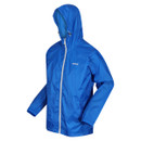 Blue hooded rain jacket with a front zipper, elastic cuffs, and small logo on the chest. The jacket is displayed on a mannequin against a white background.