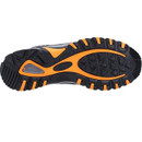 The image shows the sole of a shoe with a rugged, textured tread in black and orange. The design suggests durability and traction.
