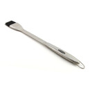 A view of a stainless steel basting brush on a white background