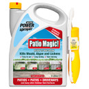 Container of Patio Magic! cleaner with sprayer attached. Text highlights features: kills mould and algae, easy use, long-lasting, non-staining. Images show before-and-after results.