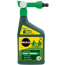 Green Miracle-Gro lawn food bottle with spray nozzle. Labels read "Spray & Feed Ready to Use" and "Fast Green." Promotes a healthier lawn.