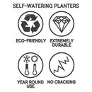 Icons for self-watering planters: Recycle symbol labelled 'Eco-Friendly,' diamond labelled 'Extremely Durable,' thermometer icons for 'Year Round Use,' and zigzag line labelled 'No Cracking.'