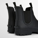 Detailed rear angle of black Barbour Nimbus Chelsea wellies highlighting pull tabs, rubber heel and durable construction.
