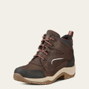 Brown leather hiking boot with red laces and a rugged sole. The boot has a reinforced toe and a heel loop, creating a sturdy and durable look.