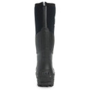 Rear view of a tall black Muck Boot Muckmaster highlighting heel support and vertical reflective strip.