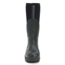 Front view of a tall black Muck Boot Muckmaster with high shaft and durable rubber toe.