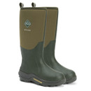 A pair of tall green Muck Boot Arctic Sport wellingtons with brown neoprene uppers and rugged outsoles. A pair of tall green Muck Boot Arctic Sport wellingtons with brown neoprene uppers and rugged outsoles.