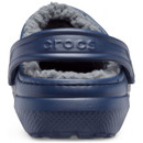 Close-up of a single navy blue Crocs shoe, viewed from the back, featuring a gray fuzzy lining and a strap with the "Crocs" logo embossed on it.