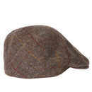 A brown tweed flat cap with a subtle plaid pattern is displayed on a white background, evoking a classic, vintage style.