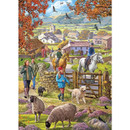Colourful countryside illustration from the Autumn Walk jigsaw puzzle, featuring villagers walking dogs, horse riders, sheep grazing, and cottages under autumn trees.