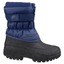 The side of the black and navy boot.