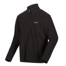 A black, long-sleeve fleece pullover featuring a quarter-zip neckline and subtle logo on the chest. It conveys a warm and casual outdoor aesthetic.
