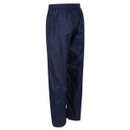 Navy blue waterproof trousers with elastic waistband. The fabric appears smooth and shiny, suggesting durability and functionality in wet conditions.
