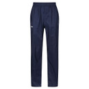 Navy blue rain trousers with a straight fit and elastic waistband. The material appears water-resistant, suitable for outdoor activities in wet weather.