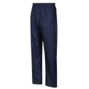 Dark navy blue rain trousers with an elastic waistband hang against a plain white background. The fabric appears smooth, suggesting a waterproof material.