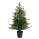Slim artificial Christmas tree in a black pot with lifelike green foliage, perfect for decorating smaller spaces, hallways and seasonal displays.