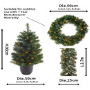 Artificial Christmas tree, wreath and garland with dimensions and warm white lights, suitable for outdoor use.