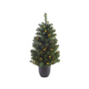 Mini artificial Christmas tree with lights on a white background.