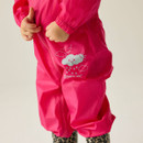 A child in a bright pink raincoat with a cute cloud and rain design is gripping the zip. The mood is playful. The child wears leopard print leggings.