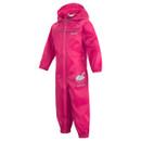 Bright pink children's rain suit with a hood and front zip. Features elastic cuffs, a cute elephant graphic, and "Regatta" branding.