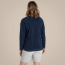 Women’s navy quarter-zip fleece top with long sleeves and curved hem, back view.