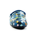 Front view of a Lunar slip-on mule slipper showcasing a vibrant multicoloured polka dot knit pattern with a rounded toe and dark blue trim.